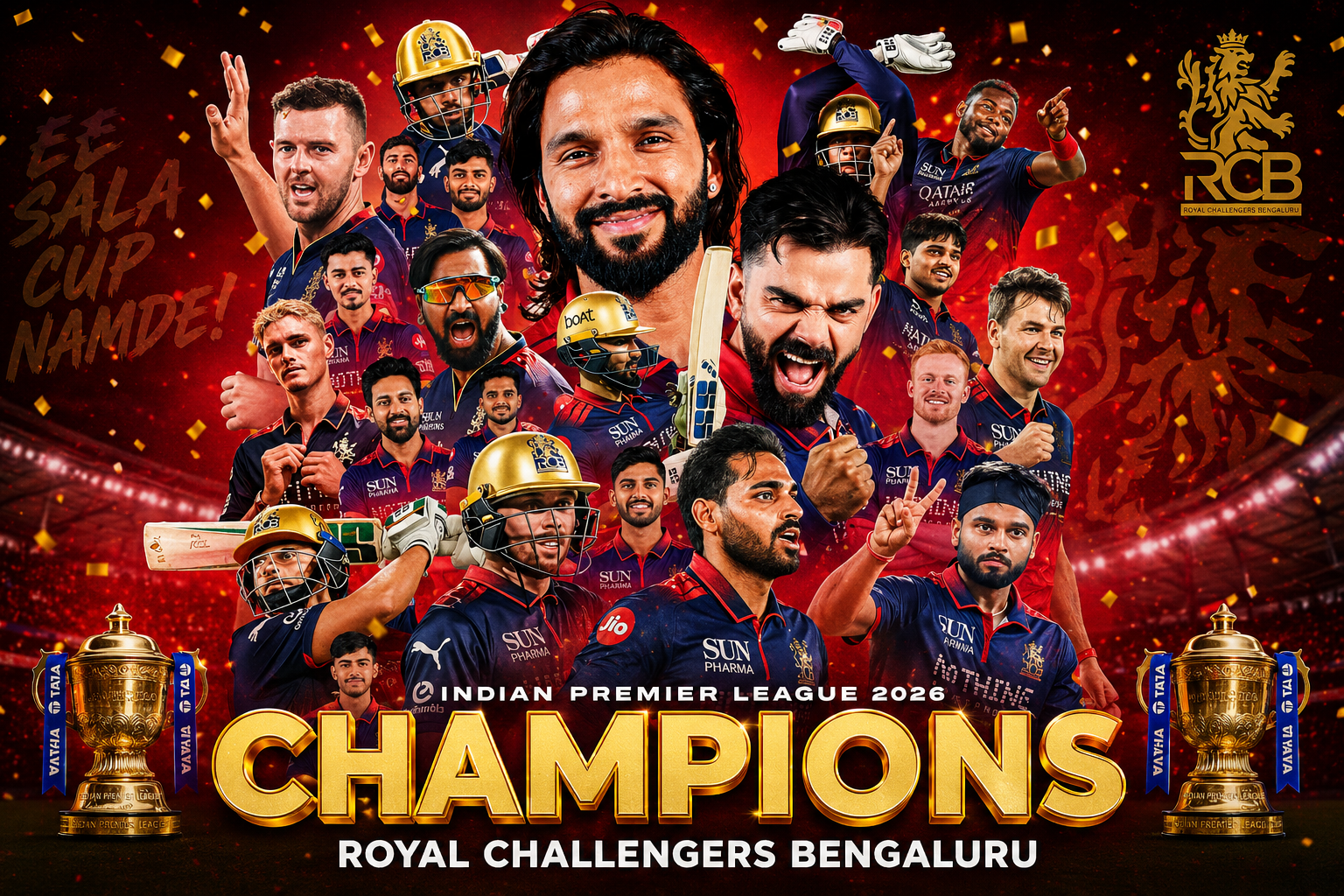 RCB IPL 2026 Champion Virat Kohli lifting IPL trophy