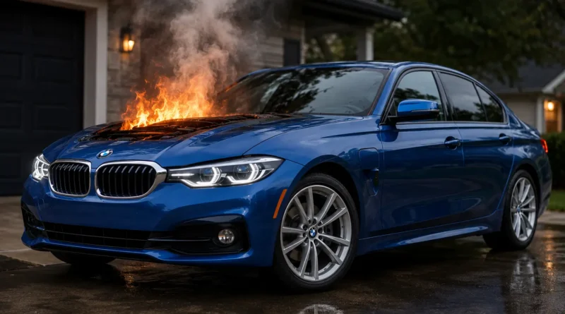 AI-generated illustration of a blue BMW sedan with an engine fire representing the BMW starter relay recall.