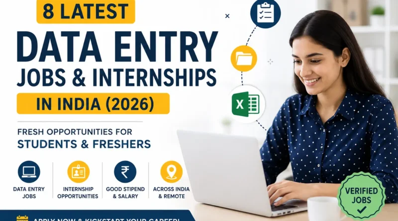 Professional woman working on a laptop promoting the latest data entry jobs and internships in India 2026 for students and freshers with verified career opportunities.