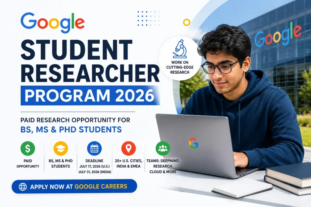 Google Student Researcher Program 2026 featured image showing a student using a laptop with Google branding, highlighting the paid research opportunity for BS, MS, and PhD students.