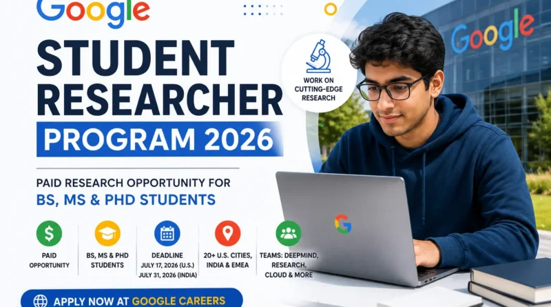 Google Student Researcher Program 2026 featured image showing a student using a laptop with Google branding, highlighting the paid research opportunity for BS, MS, and PhD students.