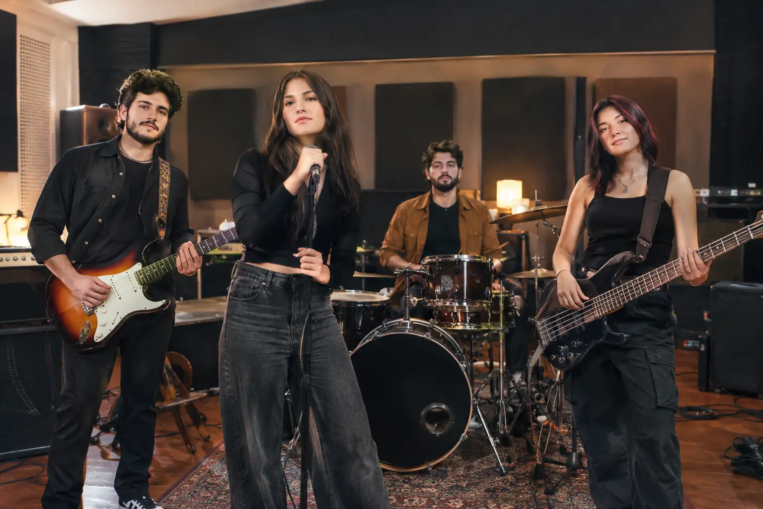Four-member music band posing together in a rehearsal studio
