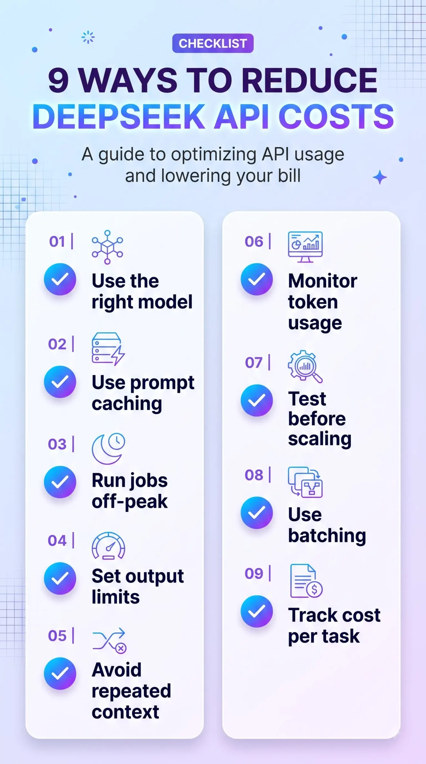 Checklist showing ways to reduce DeepSeek API costs