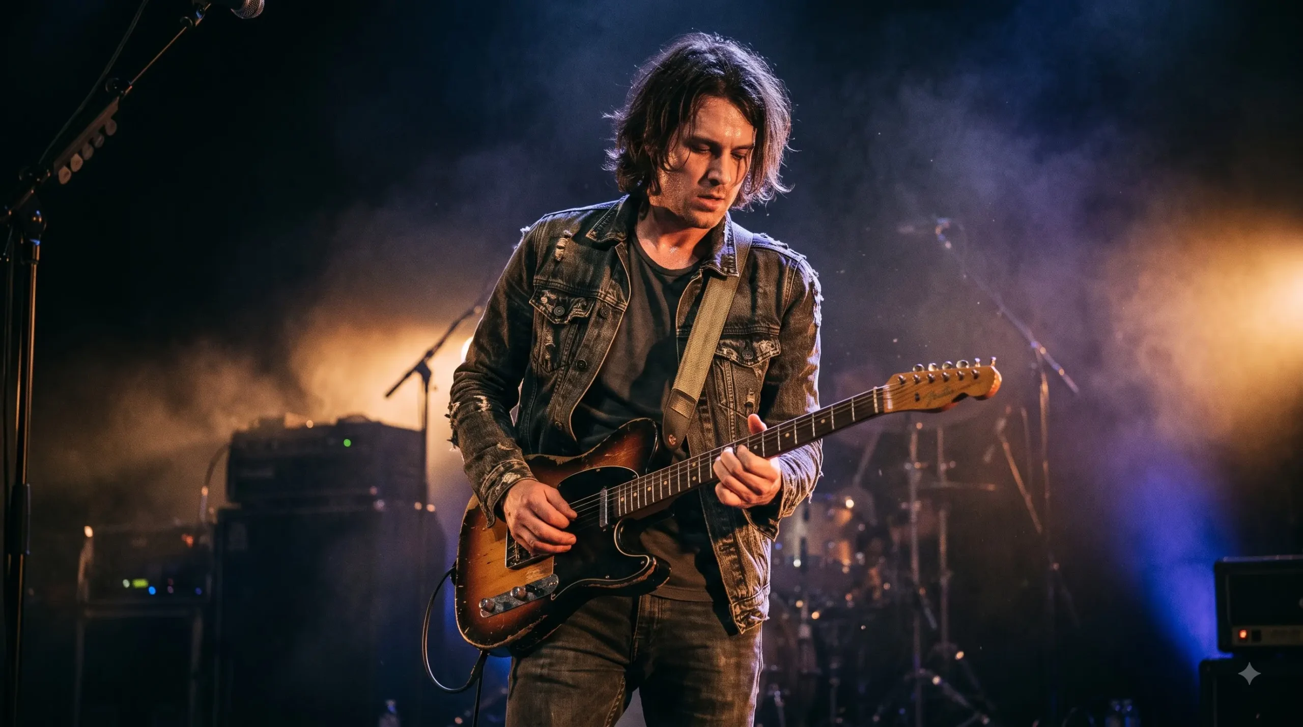 Rock-band front person with dramatic concert-style lighting