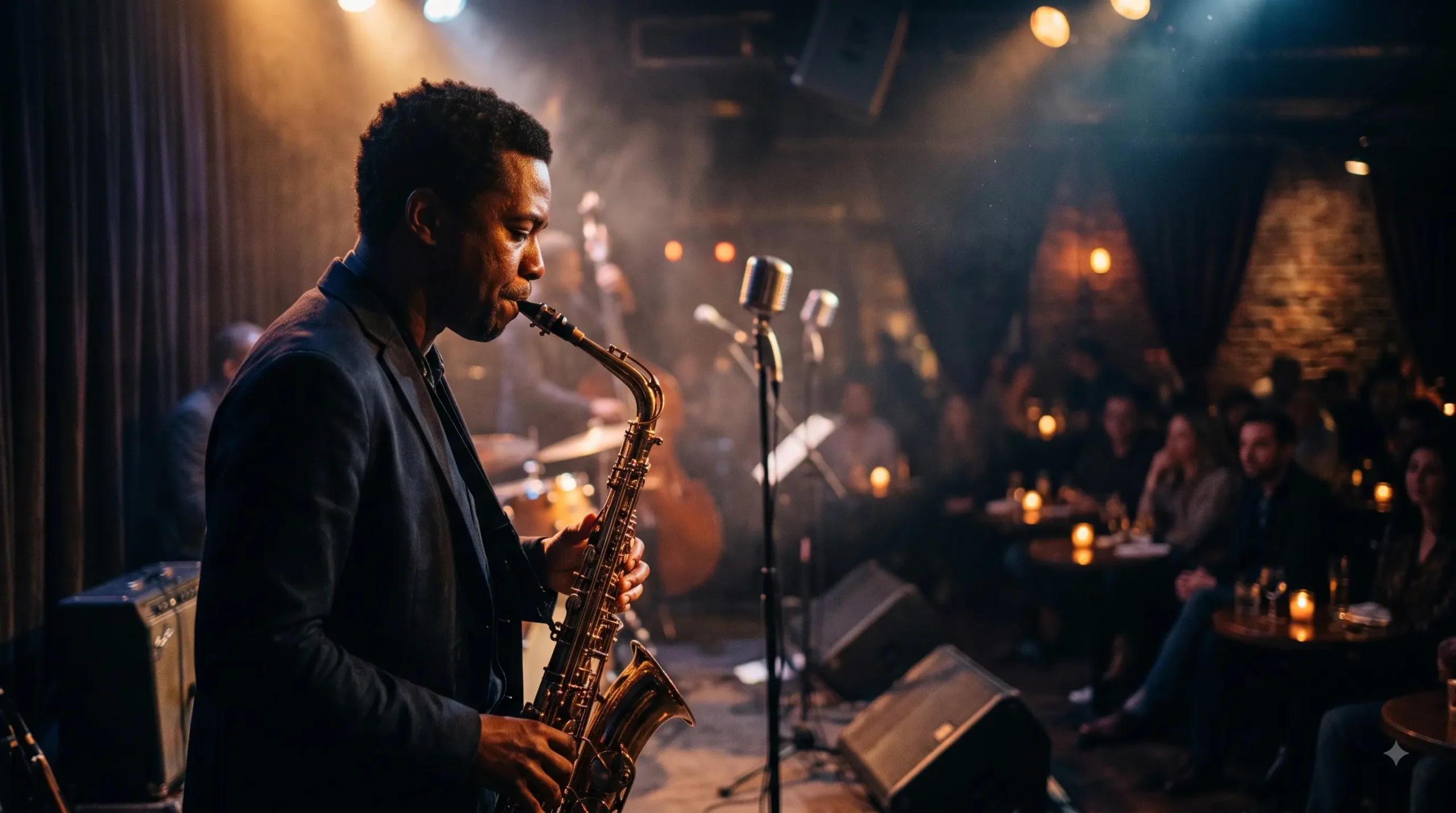 Jazz-club vocalist portrait editing example with warm amber lighting