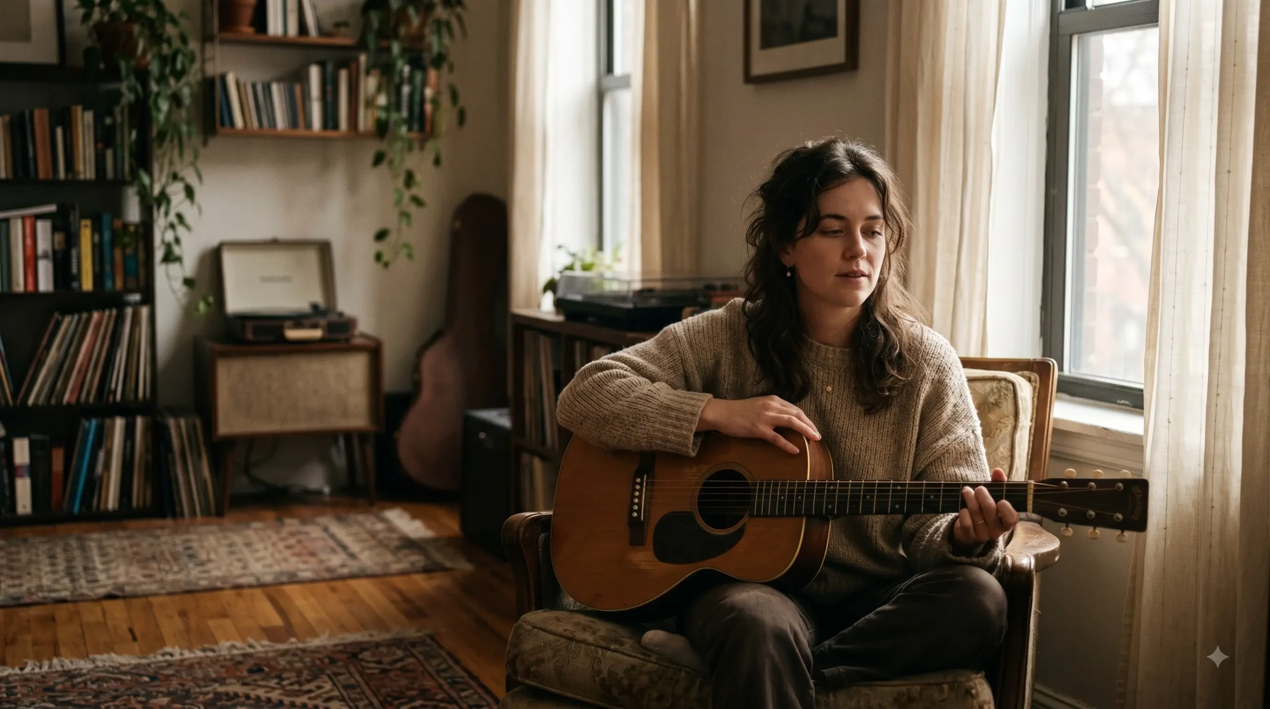 Acoustic singer-songwriter cover photo with warm natural lighting
