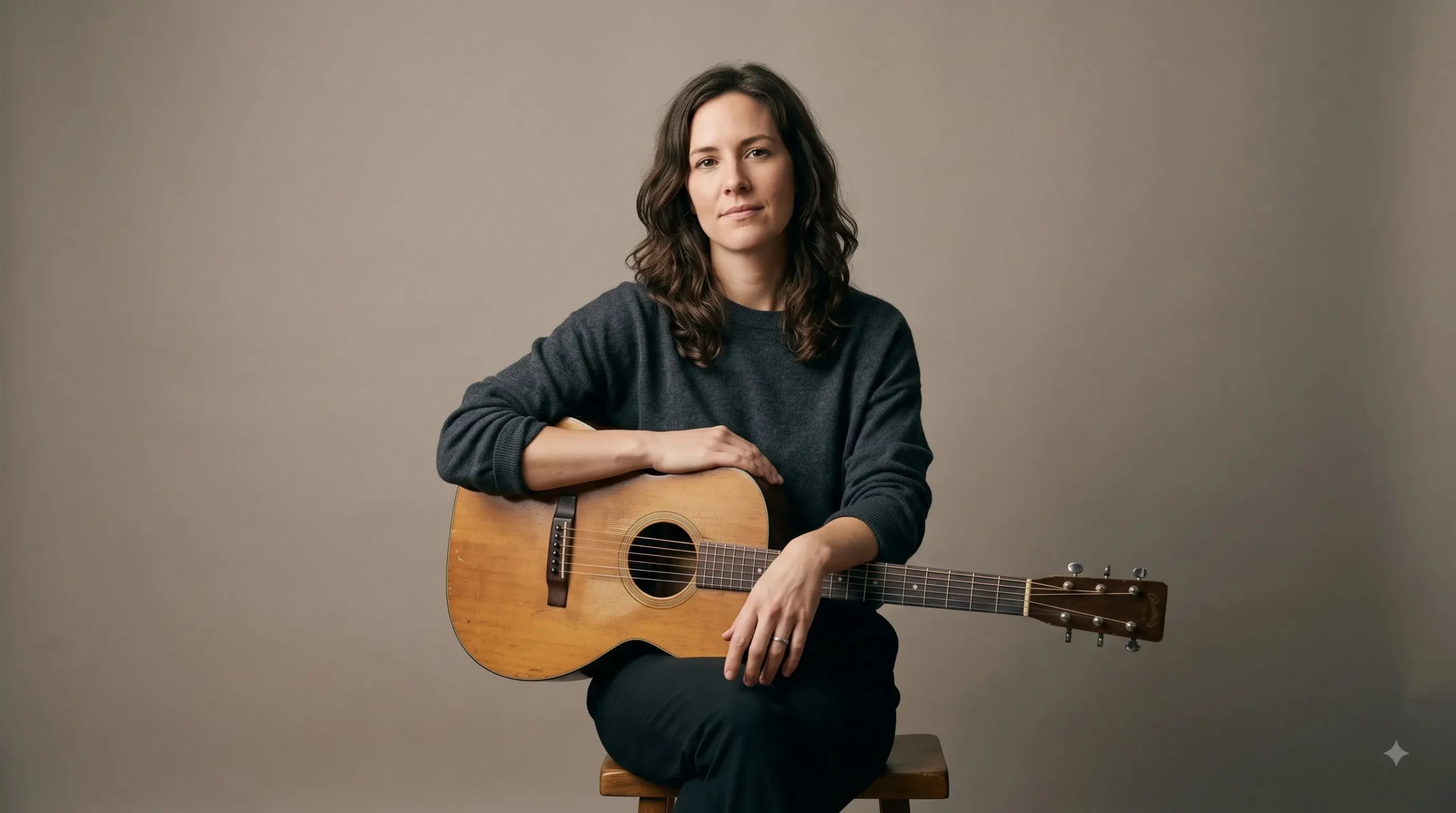 Minimalist musician press portrait in a warm gray studio