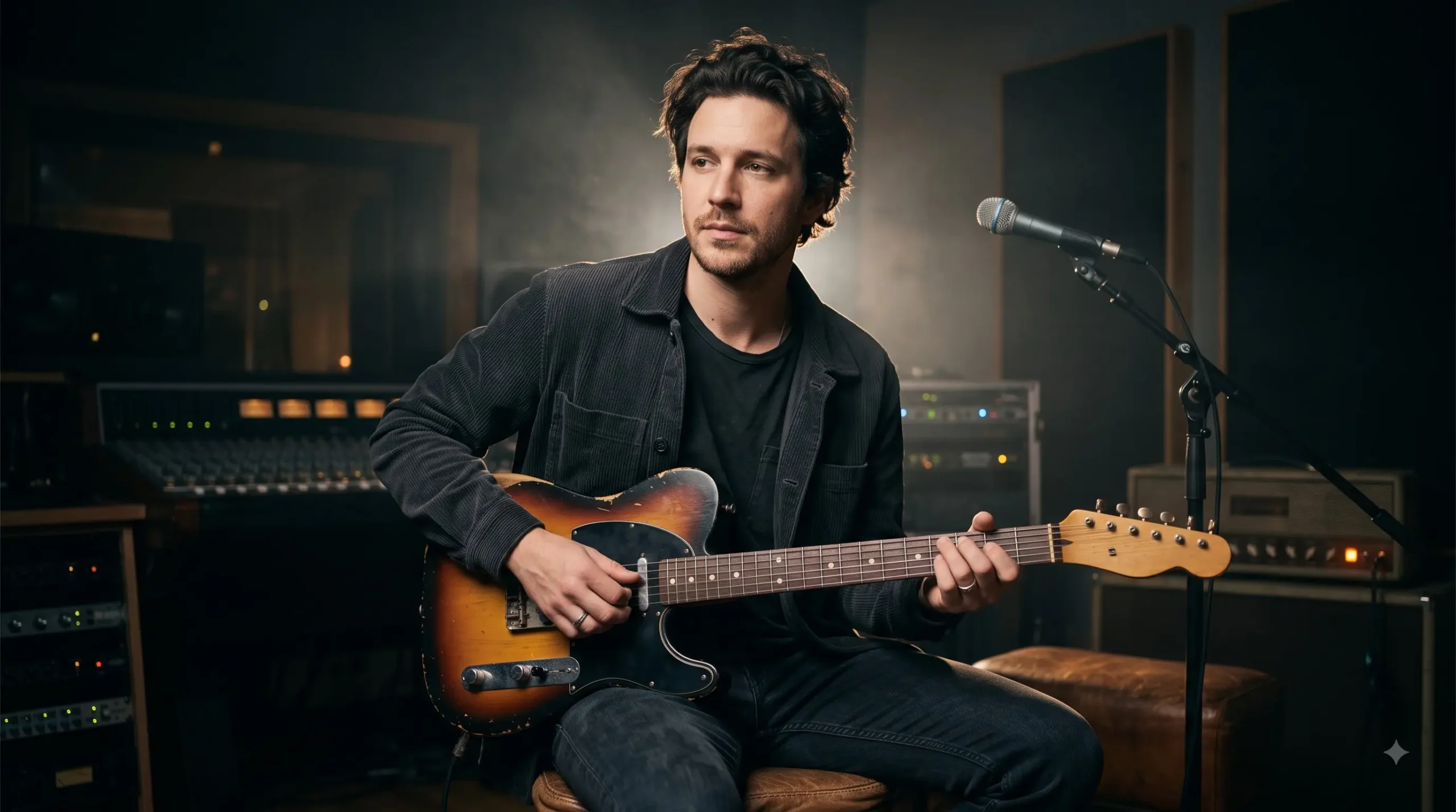 Cinematic musician portrait in a dark recording studio
