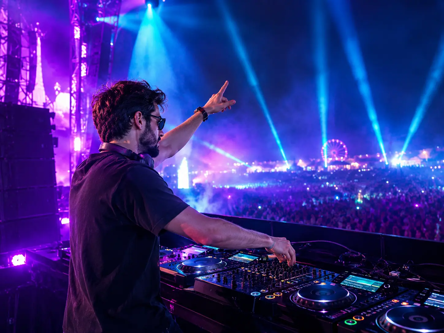 DJ performing behind DJ decks at a nighttime electronic music festival