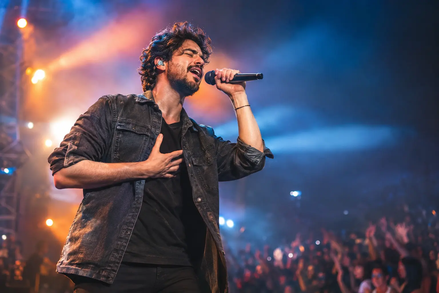 Singer performing into a microphone on a concert stage