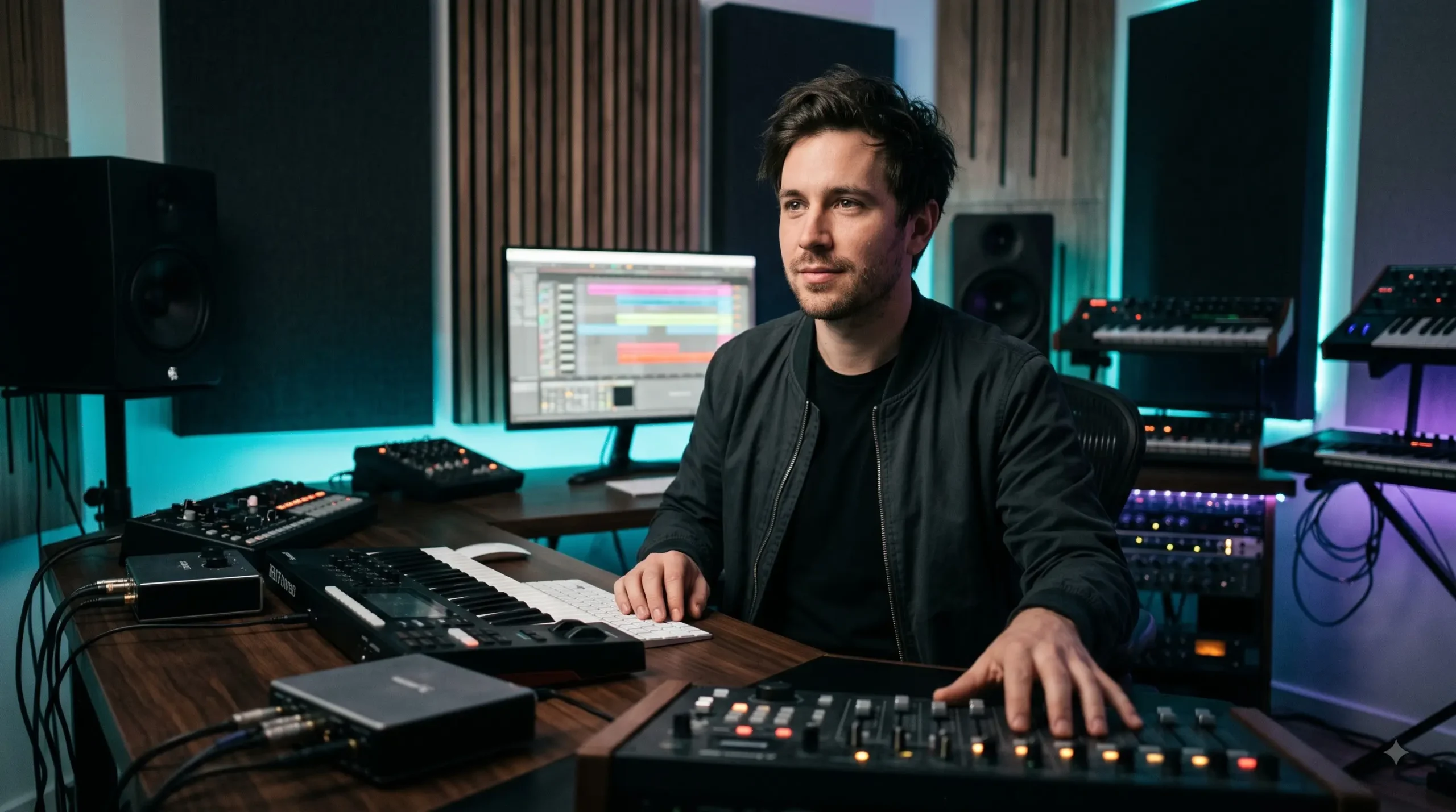Electronic music producer portrait in a modern music studio