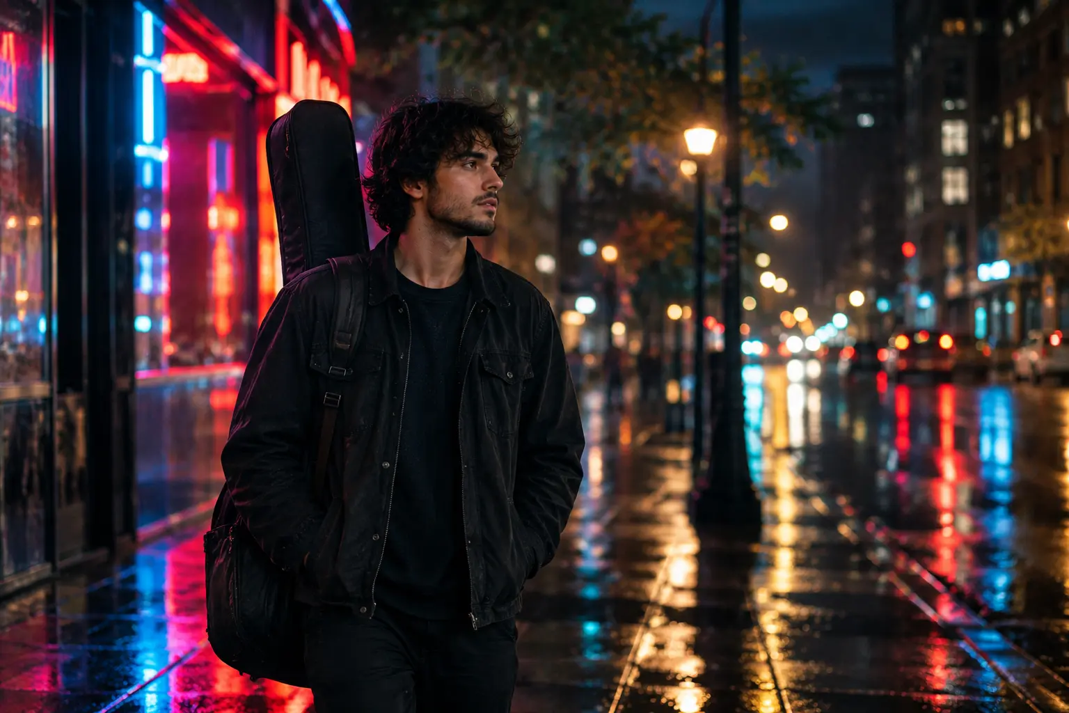 Indie musician carrying a guitar case on a city street at night