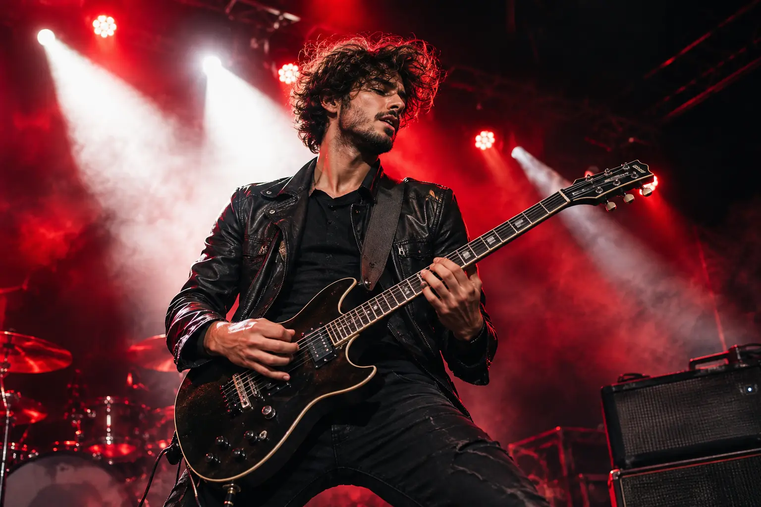 Rock guitarist performing under dramatic red and white stage lights