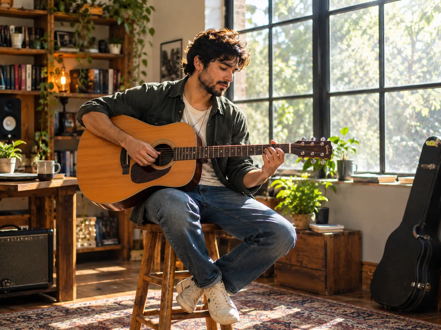 Acoustic singer-songwriter playing guitar beside a sunlit window