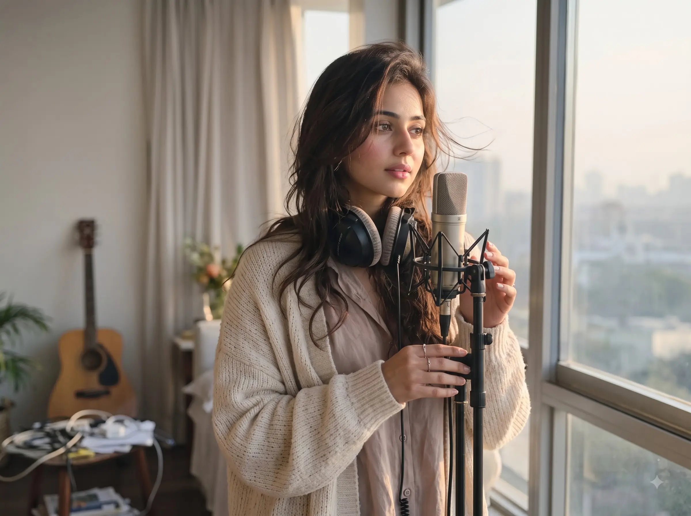 Dreamy singer portrait in soft early-morning window light