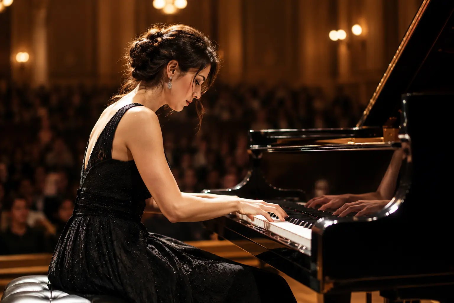 Classical pianist performing on a grand piano in a concert hall