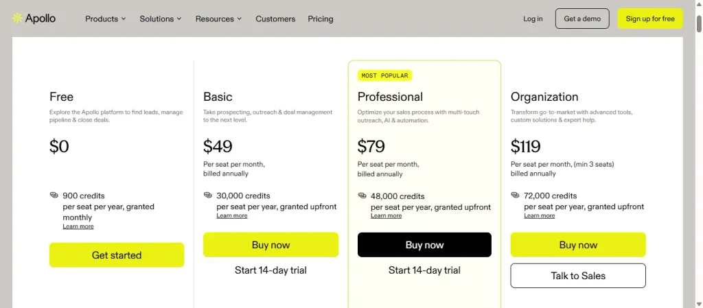 Apollo.io pricing plans showing an all-in-one Amplemarket alternative